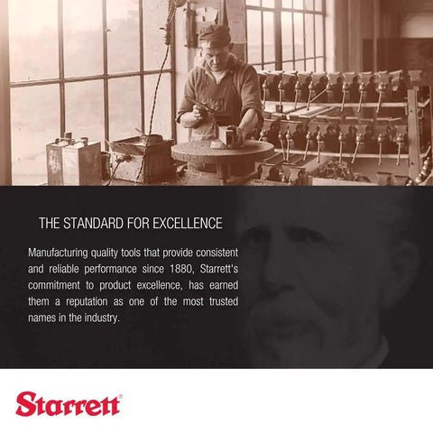 Vintage workshop scene with craftsman, Starrett logo, and commitment to tool quality and excellence since 1880.
