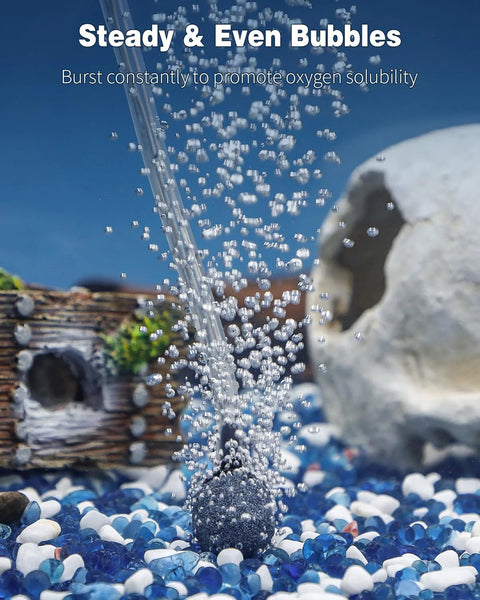 Pawfly Aquarium Air Pump 20 GPH with tubing and air stone in a blue and white gravel fish tank