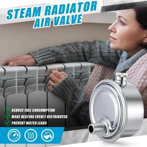 Close-up of Six Pack Steam Radiator Air Valve One Eighth Inch Steam Air Vent Angle Mount Heat Regulator Valve next to radiator