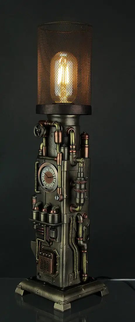 Steampunk Industrial Piping Tower Beacon Clock Mesh Table Lamp With Resin Base And Metal Mesh Shade Seventeen Point Seven Five Inches Tall Desk Light Analog Clock Face UL Listed 45 Watt Bulb Included Warm Vintage Brown Red Finish Vibe