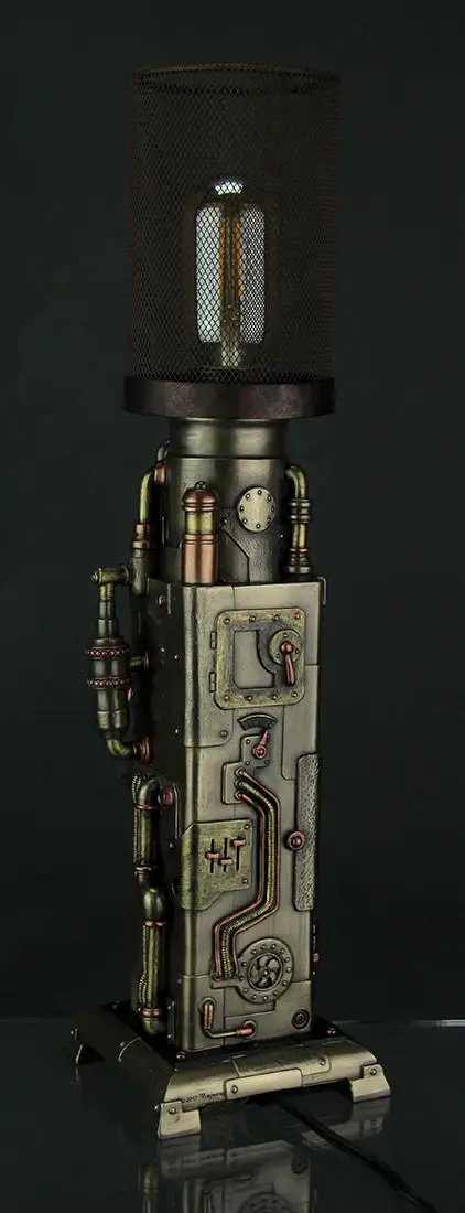 Steampunk Industrial Piping Tower Beacon Clock Mesh Table Lamp With Resin Base And Metal Mesh Shade Seventeen Point Seven Five Inches Tall