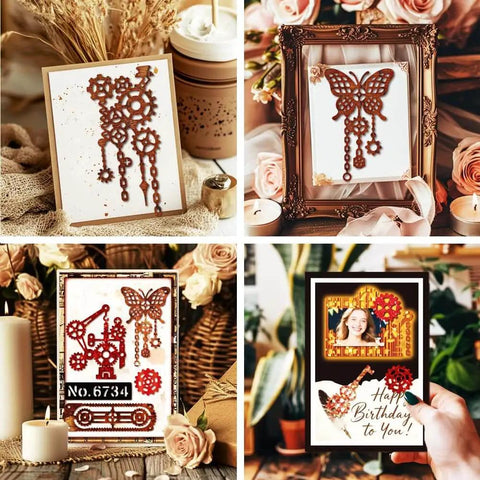 Steampunk Gear Die Cut Set For Scrapbooking And Card Making With Slick Mechanical Butterfly Embossing Stencils in various frames