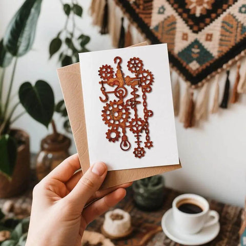 Card with intricate steampunk gear die cut design, showcasing vintage gear frames for scrapbooking by MAYJOYDIY.