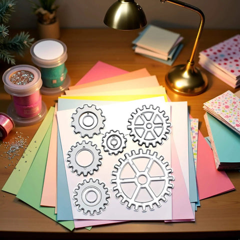 Steampunk Gear Die Cuts for Card Making and Scrapbooking on a craft table, metal cutting dies for embossing and cut outs, DIY decor tools