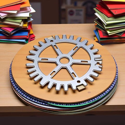 Steampunk Gear Die Cuts For Card Making And Scrapbooking, metal cutting dies for embossing detailed gear patterns on a table.