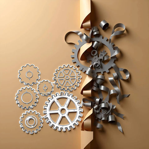 Steampunk Gear Die Cuts for Card Making and Scrapbooking, Metal Cutting Dies for Embossing and Cut Outs, craft tools displayed