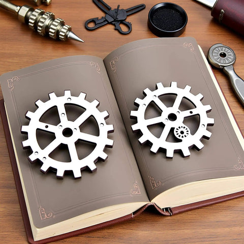 Steampunk Gear Die Cuts For Card Making And Scrapbooking, Metal Cutting Dies For Embossing And Cut Outs, on a book background
