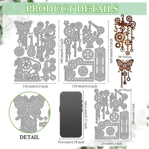 Steampunk Gear Die Cut Set For Scrapbooking And Card Making With Slick Mechanical Butterfly Embossing Stencils, sizes displayed