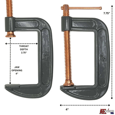 ATE Pro USA 6 Pack 4 Inch Heavy Duty Steel C Clamps with measurements for woodworking, welding, metalwork, DIY projects.
