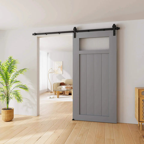 6.8FT Sliding Barn Door Hardware Kit with Upgraded Packaging for Single Doors up to 41 Inch installed view in modern living room
