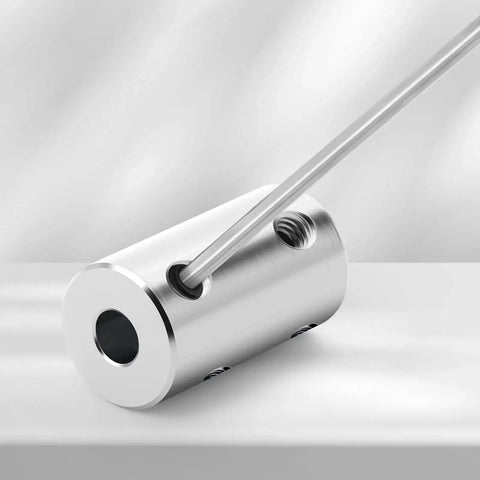Six Piece 8mm Shaft Couplers Set showing steel coupler with set screw connections for machines and robots.