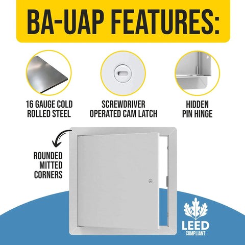 Diagram of 10x10 Flush Steel Access Panel Exposed Flange With 16-Gauge Cold-Rolled Frame Screwdriver Cam Latch Powder Coat Finish.