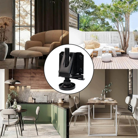 Heavy Duty Adjustable Leveling Feet For Furniture Set 4 Pcs with hexagon locking nuts, shown with various furniture setups.