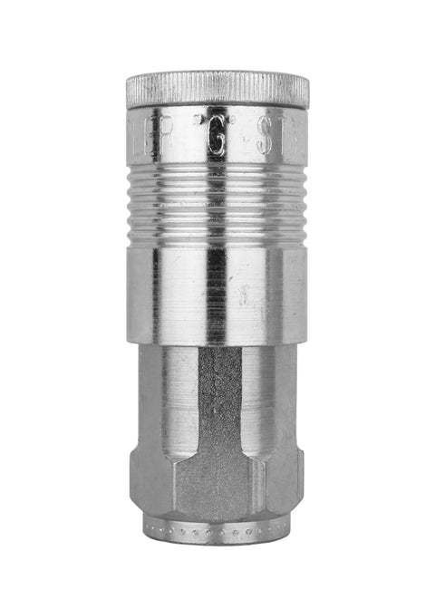 G Style Quick Connect Air Coupler Half Inch FNPT Steel Construction Built Tough For Heavy Duty Use Industrial Grade Air Tool Fitting With Drag Guard Sleeve Corrosion Resistant Over 60 SCFM Model S1815 shown in a front view