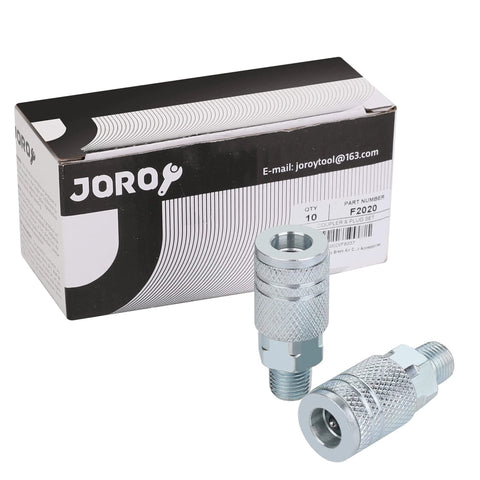One Quarter Inch Air Hose Fittings Industrial M Type Coupler Quick Connect Kit One Quarter Inch NPT Male Threads Steel Material 300 PSI Rating Ten Pack For Air Compressors And Tools next to packaging