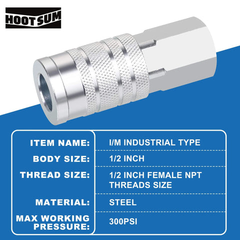Half Inch Air Hose Fittings Set High Flow Pro Grade Industrial Type Coupler with 1/2 In FNPT Threads 300 PSI Steel