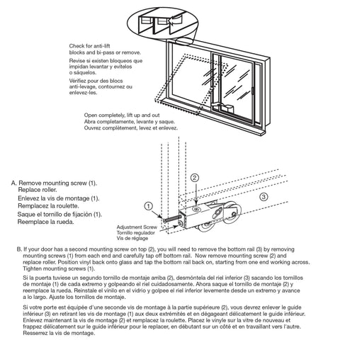 Diagram showing installation of 1-1/2 inch Steel Ball Bearing Sliding Door Tandem Roller Assembly with unique back and mounting instructions.