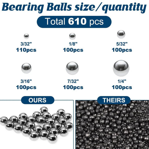 610 Piece Ball Bearings Set Loose Steel Bearings In Six Sizes comparison chart with sizes and quantities for DIY projects.