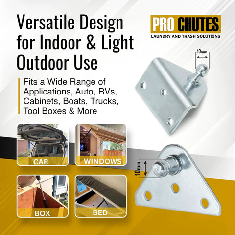 10mm Ball Stud Mounting Bracket Set For Gas Struts And Hood Lids with flat and angled brackets for auto and RV use