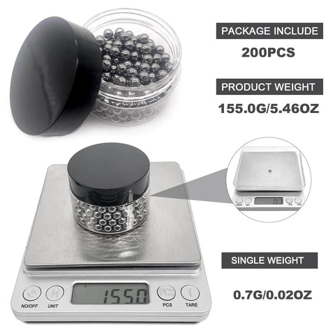 Container of steel balls on scale showing total weight for 200-pack, indicating 0.7g per ball with close-up view.