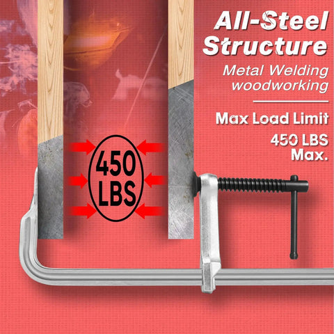 All-steel 12 inch bar clamp with 450 lbs load capacity for welding and woodworking, part of 4 Pack 12 Inch Bar Clamps Set With Drop Forged Steel Construction 3 Inch Throat Depth And 450 Lbs Load Capacity For Welding Woodworking Metalworking DIY Projects And Crafts For Home Improvement Projects And Professional Assembly In Busy Shops.