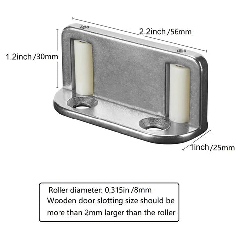 Four Barn Door Floor Guide Bearings With Adjustable Bottom Rollers in durable steel frame, size 2.2x1.2x1 inches, top view.