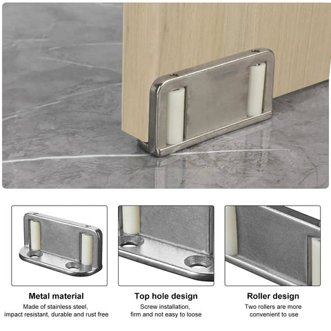 Four Barn Door Floor Guide Bearings With Adjustable Bottom Rollers In Durable Steel Frame For Silent Smooth Operation and Space Saving Sliding Hardware installed on floor