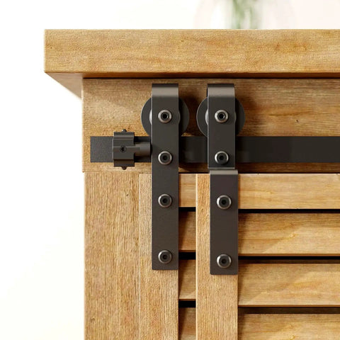 4Ft Bypass Mini Sliding Barn Door Hardware Kit attached to wooden cabinet showcasing black coated steel track system.