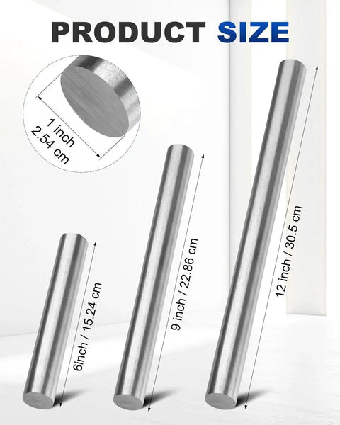 Image showing size comparison of metal rods including Two 12 Inch Long 1 Inch Diameter 1018 Carbon Steel Bars Cold Rolled For Metalworking.