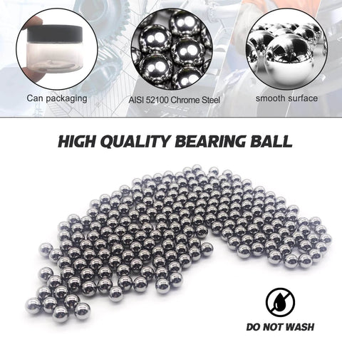 Assorted AISI 52100 chrome steel bearing balls with can packaging and smooth surface, featuring a do not wash instruction label