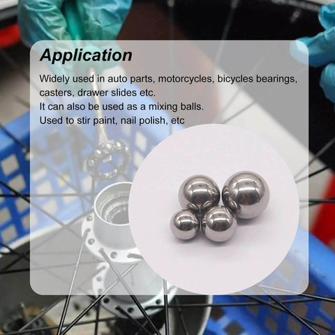 Close-up of stainless steel ball bearings used in auto parts, bicycles, and as mixing balls, displayed on a bike wheel hub background.