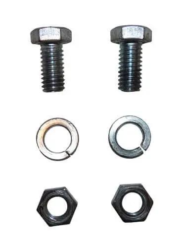 Two metal bolts, washers, and nuts set for Deluxe One Size Fits All Orange And Black Motorcycle Wheel Chock with mounting and tie-down.