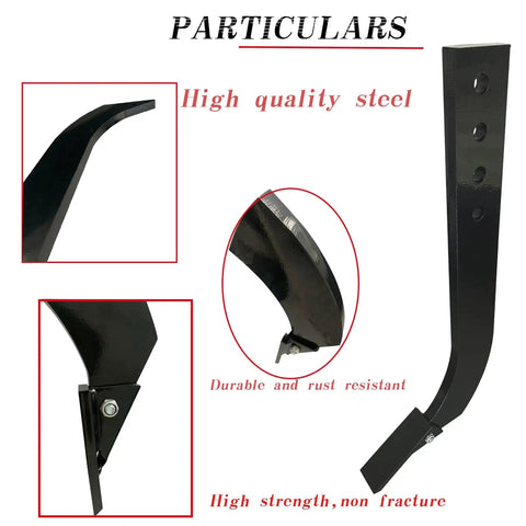 Close-up view of Five Piece Box Blade Shank Kit with four-hole box scraper shanks and 18-inch scarifier ripper shank, high quality steel.