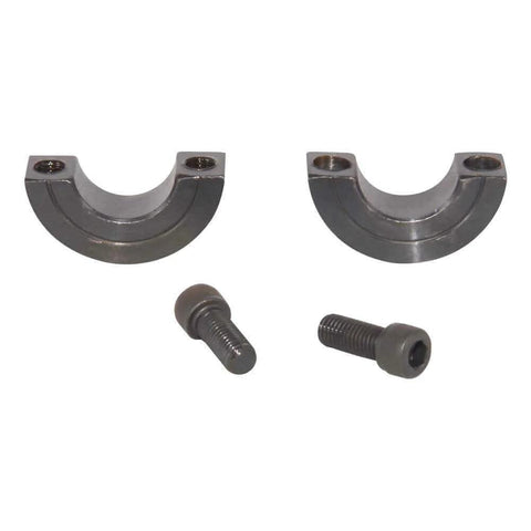 Pair of semi-circular metal clamps with two bolts for assembly.
