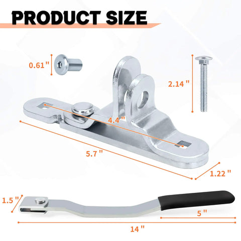 Durable cargo trailer door hasp with a lockable 1-1/4 inch wide pad, shown with measurements and components