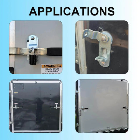 Sturdy 14-gauge steel trailer latch kit applications on enclosed cargo trailer ramp doors featuring anti theft screws.