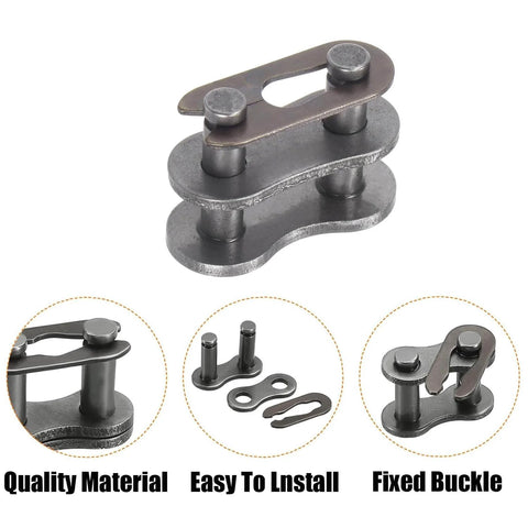 Steel hardware components including a buckle and links labeled for quality and installation, highlighting material and use specifics.