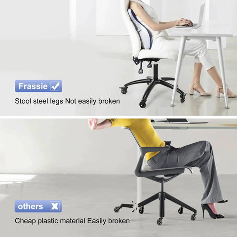 Comparison of office chair bases, top image shows durable metal base with brakes, bottom image shows fragile plastic base without brakes.