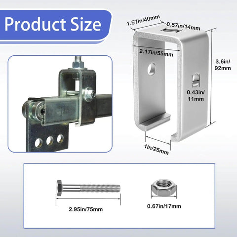 Heavy-duty steel channel trolley hanger bracket supports up to 1200 lbs on 1-5/8 inch strut channel, ideal for hoists and electrical systems.