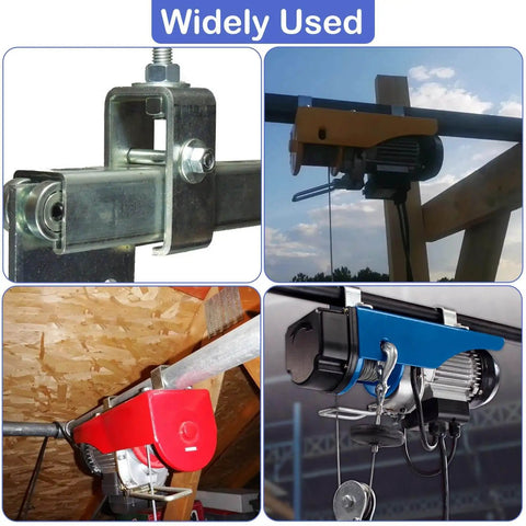 Heavy-duty steel channel trolley hanger bracket supports up to 1200 lbs on 1-5/8 inch strut channel shown in industrial setups.