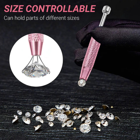 4 Claw Stainless Steel Piercing Ball Grabber Tool with pink handle holding gemstones, ideal for jewelry repair and removal.