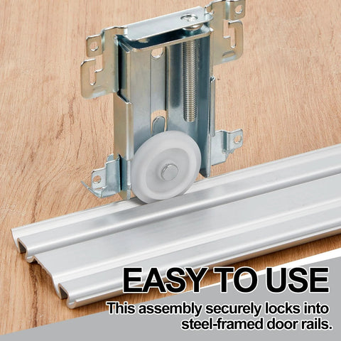 Four Pack Sliding Mirror Closet Door Rollers Steel-Framed Bottom Mount Replacement For Mirror Wardrobe shown installed on wood surface.