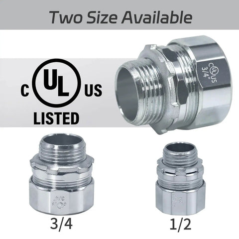 Ten Pack Three Quarter Inch Steel Compression Rigid Connector With Zinc Plated Threadless Design And Spring Coil For Metal Electrical Conduit Fittings For RGD Tubes Junction Boxes And Hubs shown with UL listing and available in 3/4 and 1/2 inch sizes