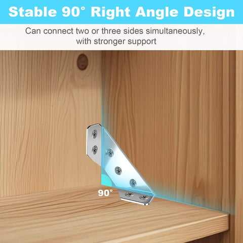 12-Pack Premium Stainless Steel Corner Brackets for Wood Frame, Universal Metal Hardware Corner Braces with Screws installed at 90-degree angle on cabinet
