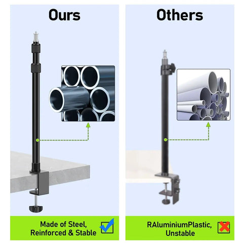 Comparison of desk mounts, left showing sturdy steel design labeled as ours, right showing unstable aluminum plastic labeled as others.