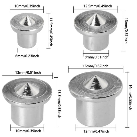 Diagram of Twenty Piece Panel Furniture Positioning Dowel Pin Kit For Cabinets And Woodworking, showcasing different pin sizes and dimensions.