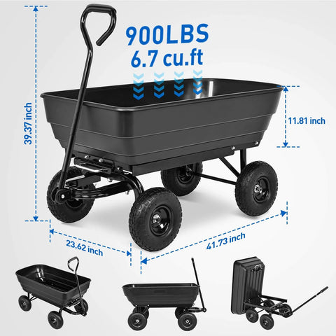 Steel Garden Cart 900 Lb Dump Wagon with All Terrain Inflatable Wheels, heavy duty utility cart dimensions and features.