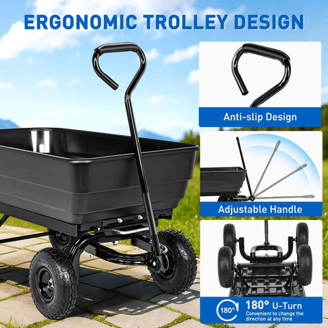 Steel Garden Cart 900 Lb Dump Wagon with All Terrain Inflatable Wheels featuring ergonomic trolley design and adjustable handle.
