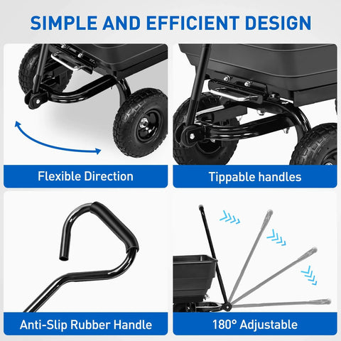 Steel Garden Cart 900 Lb Dump Wagon with All Terrain Inflatable Wheels showing flexible direction, tippable handles, and adjustable features.