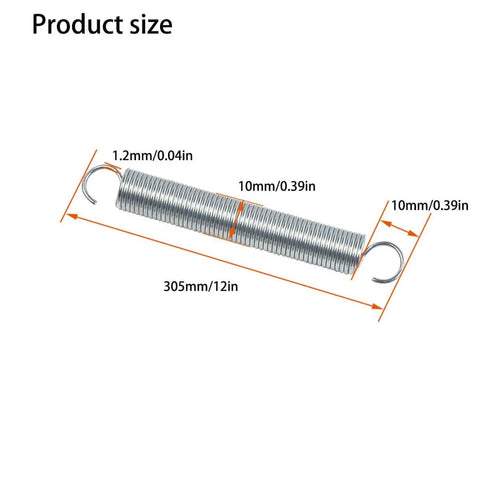 Ten Pack Heavy Duty Steel Extension Springs Three Eighths Inch By Twelve Inch With 0.047 Inch Wire Dual Hook Tension Springs For Machinery Repair Industrial Equipment Screen Doors And Heavy Duty Projects Must Have; dimensions noted for clarity.
